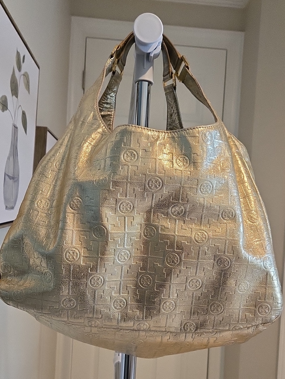 Tory Burch Xlarge Metallic Gold Embossed Leather Hobo Satchel Like New